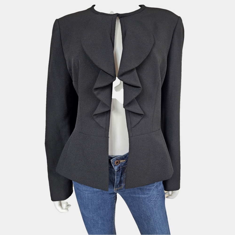 Kasper Black Ruffle Open Front Long Sleeve Peplum Style Blazer Size 12